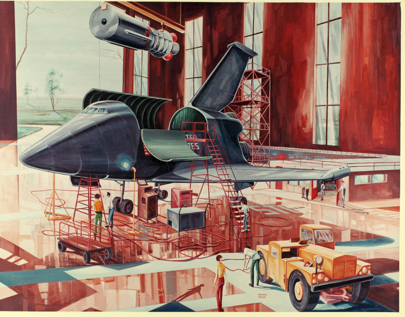 Illustration for article titled This concept art from the Shuttle Program's early days is gorgeous, deliciously retro